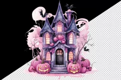 Watercolor Pink Halloween night pumpkins castle haunted house Jack-o-lantern 20oz tumbler skinny mug wrap clipart t-shirt sublimation printable design