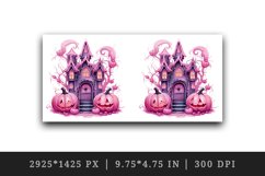 Watercolor Pink Halloween night pumpkins castle haunted house Jack-o-lantern 20oz tumbler skinny mug wrap clipart t-shirt sublimation printable design