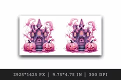 Watercolor Pink Halloween night pumpkins castle haunted house Jack-o-lantern 20oz tumbler skinny mug wrap clipart t-shirt sublimation printable design