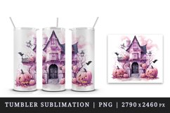 Watercolor Pink Halloween night pumpkins castle haunted house Jack-o-lantern 20oz tumbler skinny mug wrap clipart t-shirt sublimation printable design
