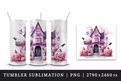Watercolor Pink Halloween night pumpkins castle haunted house Jack-o-lantern 20oz tumbler skinny mug wrap clipart t-shirt sublimation printable design