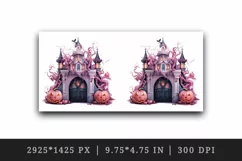 Watercolor Pink Halloween night pumpkins castle haunted house Jack-o-lantern 20oz tumbler skinny mug wrap clipart t-shirt sublimation printable design