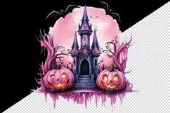Watercolor Pink Halloween night pumpkins castle haunted house Jack-o-lantern 20oz tumbler skinny mug wrap clipart t-shirt sublimation printable design