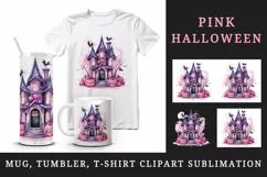 Watercolor Pink Halloween night pumpkins castle haunted house Jack-o-lantern 20oz tumbler skinny mug wrap clipart t-shirt sublimation printable design