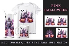 Watercolor Pink Halloween night pumpkins castle haunted house Jack-o-lantern 20oz tumbler skinny mug wrap clipart t-shirt sublimation printable design