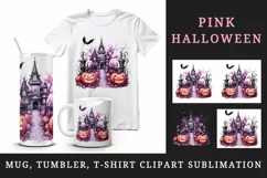 Watercolor Pink Halloween night pumpkins castle haunted house Jack-o-lantern 20oz tumbler skinny mug wrap clipart t-shirt sublimation printable design
