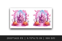 Watercolor Pink Halloween night pumpkins castle haunted house Jack-o-lantern 20oz tumbler skinny mug wrap clipart t-shirt sublimation printable design