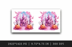 Watercolor Pink Halloween night pumpkins castle haunted house Jack-o-lantern 20oz tumbler skinny mug wrap clipart t-shirt sublimation printable design