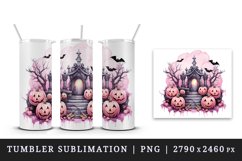 Watercolor Pink Halloween night pumpkins castle haunted house Jack-o-lantern 20oz tumbler skinny mug wrap clipart t-shirt sublimation printable design
