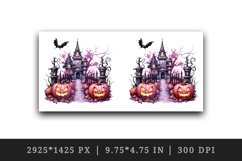 Watercolor Pink Halloween night pumpkins castle haunted house Jack-o-lantern 20oz tumbler skinny mug wrap clipart t-shirt sublimation printable design