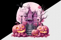 Watercolor Pink Halloween night pumpkins castle haunted house Jack-o-lantern 20oz tumbler skinny mug wrap clipart t-shirt sublimation printable design
