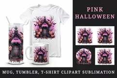 Watercolor Pink Halloween night pumpkins castle haunted house Jack-o-lantern 20oz tumbler skinny mug wrap clipart t-shirt sublimation printable design