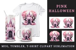 Watercolor Pink Halloween night pumpkins castle haunted house Jack-o-lantern 20oz tumbler skinny mug wrap clipart t-shirt sublimation printable design