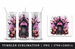 Watercolor Pink Halloween night pumpkins castle haunted house Jack-o-lantern 20oz tumbler skinny mug wrap clipart t-shirt sublimation printable design