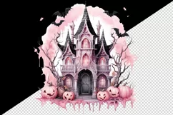 Watercolor Pink Halloween night pumpkins castle haunted house Jack-o-lantern 20oz tumbler skinny mug wrap clipart t-shirt sublimation printable design