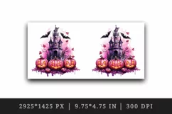 Watercolor Pink Halloween night pumpkins castle haunted house Jack-o-lantern 20oz tumbler skinny mug wrap clipart t-shirt sublimation printable design