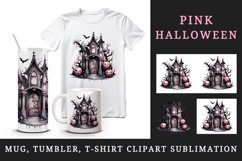 Watercolor Pink Halloween night pumpkins castle haunted house Jack-o-lantern 20oz tumbler skinny mug wrap clipart t-shirt sublimation printable design