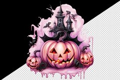 Watercolor Pink Halloween night pumpkins castle haunted house Jack-o-lantern 20oz tumbler skinny mug wrap clipart t-shirt sublimation printable design
