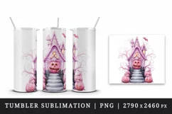 Watercolor Pink Halloween night pumpkins castle haunted house Jack-o-lantern 20oz tumbler skinny mug wrap clipart t-shirt sublimation printable design