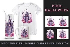 Watercolor Pink Halloween night pumpkins castle haunted house Jack-o-lantern 20oz tumbler skinny mug wrap clipart t-shirt sublimation printable design