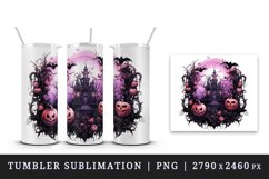 Watercolor Pink Halloween night pumpkins castle haunted house Jack-o-lantern 20oz tumbler skinny mug wrap clipart t-shirt sublimation printable design