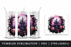 Watercolor Pink Halloween night pumpkins castle haunted house Jack-o-lantern 20oz tumbler skinny mug wrap clipart t-shirt sublimation printable design