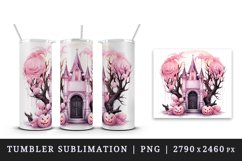 Watercolor Pink Halloween night pumpkins castle haunted house Jack-o-lantern 20oz tumbler skinny mug wrap clipart t-shirt sublimation printable design