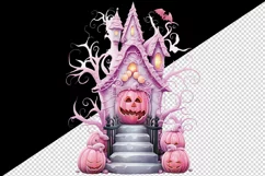 Watercolor Pink Halloween night pumpkins castle haunted house Jack-o-lantern 20oz tumbler skinny mug wrap clipart t-shirt sublimation printable design