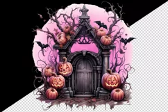 Watercolor Pink Halloween night pumpkins castle haunted house Jack-o-lantern 20oz tumbler skinny mug wrap clipart t-shirt sublimation printable design
