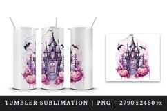 Watercolor Pink Halloween night pumpkins castle haunted house Jack-o-lantern 20oz tumbler skinny mug wrap clipart t-shirt sublimation printable design
