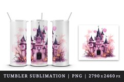 Watercolor Pink Halloween night pumpkins castle haunted house Jack-o-lantern 20oz tumbler skinny mug wrap clipart t-shirt sublimation printable design
