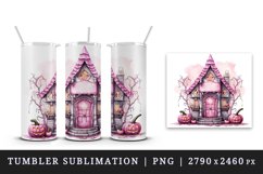 Watercolor Pink Halloween night pumpkins castle haunted house Jack-o-lantern 20oz tumbler skinny mug wrap clipart t-shirt sublimation printable design