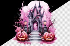 Watercolor Pink Halloween night pumpkins castle haunted house Jack-o-lantern 20oz tumbler skinny mug wrap clipart t-shirt sublimation printable design