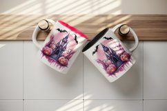 Watercolor Pink Halloween night pumpkins castle haunted house Jack-o-lantern 20oz tumbler skinny mug wrap clipart t-shirt sublimation printable design
