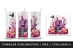 Watercolor Pink Halloween night pumpkins castle haunted house Jack-o-lantern 20oz tumbler skinny mug wrap clipart t-shirt sublimation printable design