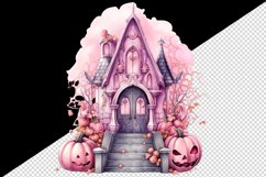 Watercolor Pink Halloween night pumpkins castle haunted house Jack-o-lantern 20oz tumbler skinny mug wrap clipart t-shirt sublimation printable design