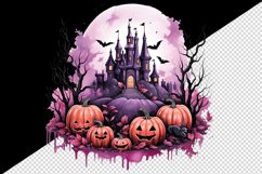 Watercolor Pink Halloween night pumpkins castle haunted house Jack-o-lantern 20oz tumbler skinny mug wrap clipart t-shirt sublimation printable design
