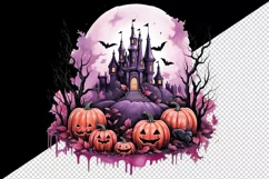Watercolor Pink Halloween night pumpkins castle haunted house Jack-o-lantern 20oz tumbler skinny mug wrap clipart t-shirt sublimation printable design