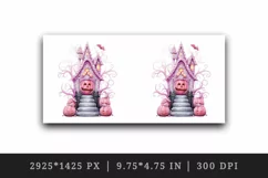 Watercolor Pink Halloween night pumpkins castle haunted house Jack-o-lantern 20oz tumbler skinny mug wrap clipart t-shirt sublimation printable design