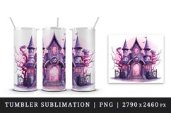 Watercolor Pink Halloween night pumpkins castle haunted house Jack-o-lantern 20oz tumbler skinny mug wrap clipart t-shirt sublimation printable design