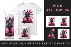 Watercolor Pink Halloween night pumpkins castle haunted house Jack-o-lantern 20oz tumbler skinny mug wrap clipart t-shirt sublimation printable design