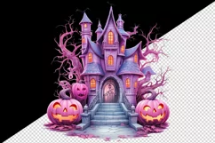 Watercolor Pink Halloween night pumpkins castle haunted house Jack-o-lantern 20oz tumbler skinny mug wrap clipart t-shirt sublimation printable design