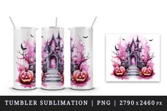 Watercolor Pink Halloween night pumpkins castle haunted house Jack-o-lantern 20oz tumbler skinny mug wrap clipart t-shirt sublimation printable design
