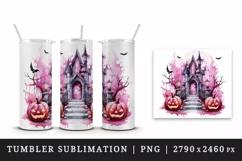 Watercolor Pink Halloween night pumpkins castle haunted house Jack-o-lantern 20oz tumbler skinny mug wrap clipart t-shirt sublimation printable design
