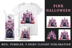 Watercolor Pink Halloween night pumpkins castle haunted house Jack-o-lantern 20oz tumbler skinny mug wrap clipart t-shirt sublimation printable design