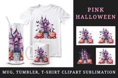 Watercolor Pink Halloween night pumpkins castle haunted house Jack-o-lantern 20oz tumbler skinny mug wrap clipart t-shirt sublimation printable design