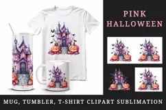 Watercolor Pink Halloween night pumpkins castle haunted house Jack-o-lantern 20oz tumbler skinny mug wrap clipart t-shirt sublimation printable design