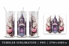 Watercolor Pink Halloween night pumpkins castle haunted house Jack-o-lantern 20oz tumbler skinny mug wrap clipart t-shirt sublimation printable design