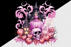 Watercolor Pink Halloween pumpkins carving bats castle haunted house skull 20 oz tumbler skinny mug wrap clipart t-shirt sublimation printable design