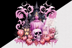 Watercolor Pink Halloween pumpkins carving bats castle haunted house skull 20 oz tumbler skinny mug wrap clipart t-shirt sublimation printable design